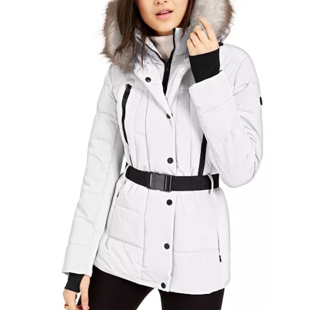 Michael Kors women's belted puffer coat with a faux-fur-trim hood
